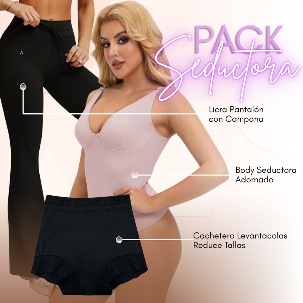 PACK SEDUCTORA COLOR NEGRO- Pantalón Lycra Bota Campana + Body Faja + Cachetero, realza tu figura
